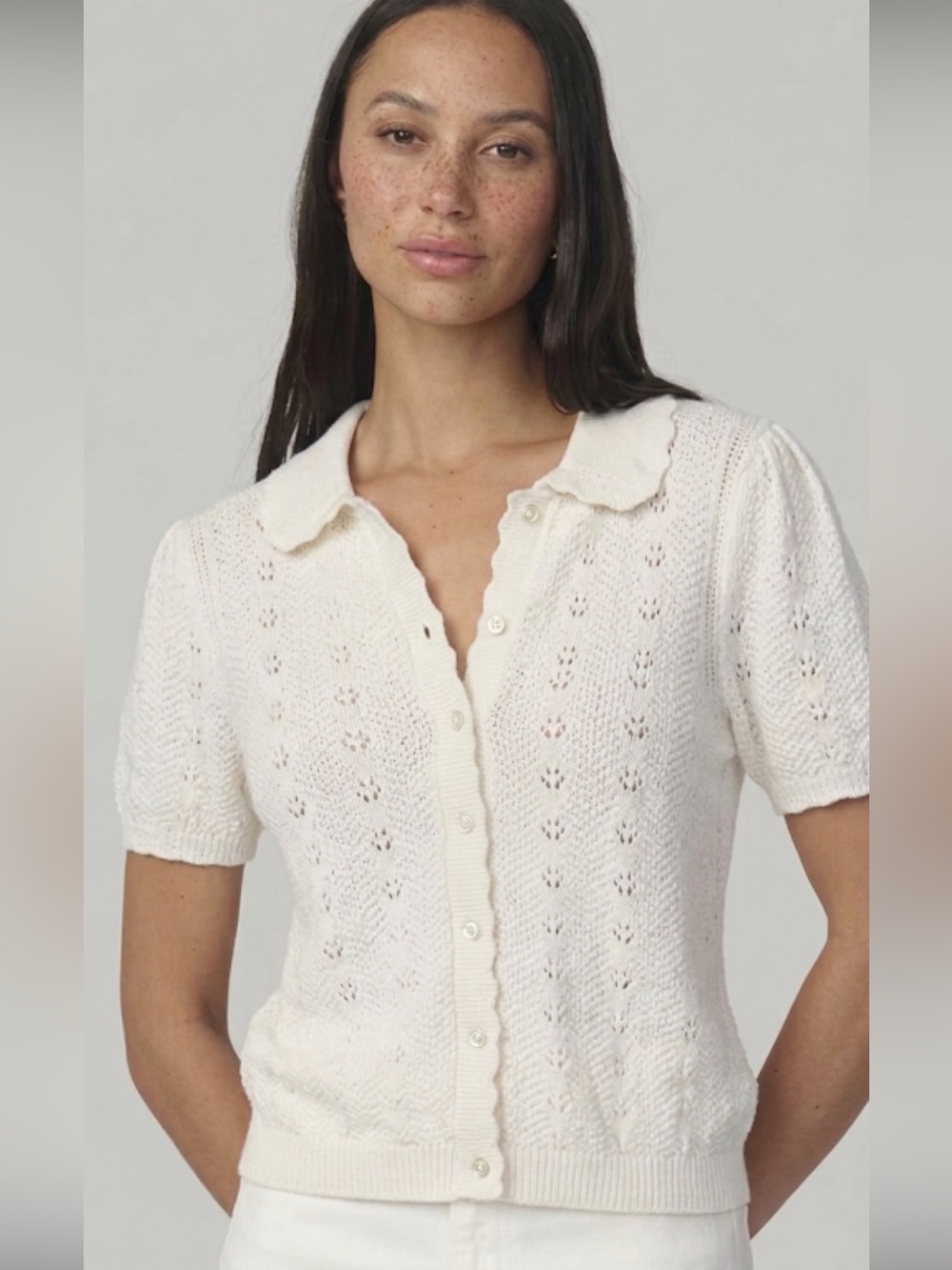 New Free Assembly L Cream Short-Sleeve pointelle Knit cardigan sweater